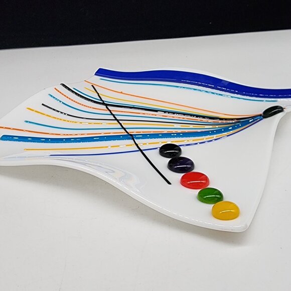 Fused Glass Decorative Plate Bold & Vibrant Color Lines Dots White Square 1980s - Picture 6 of 7